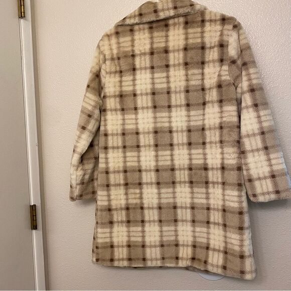 Lush tan brown faux furry neutral plaid oversized jacket trench coat Small NWOT - Picture 2 of 8